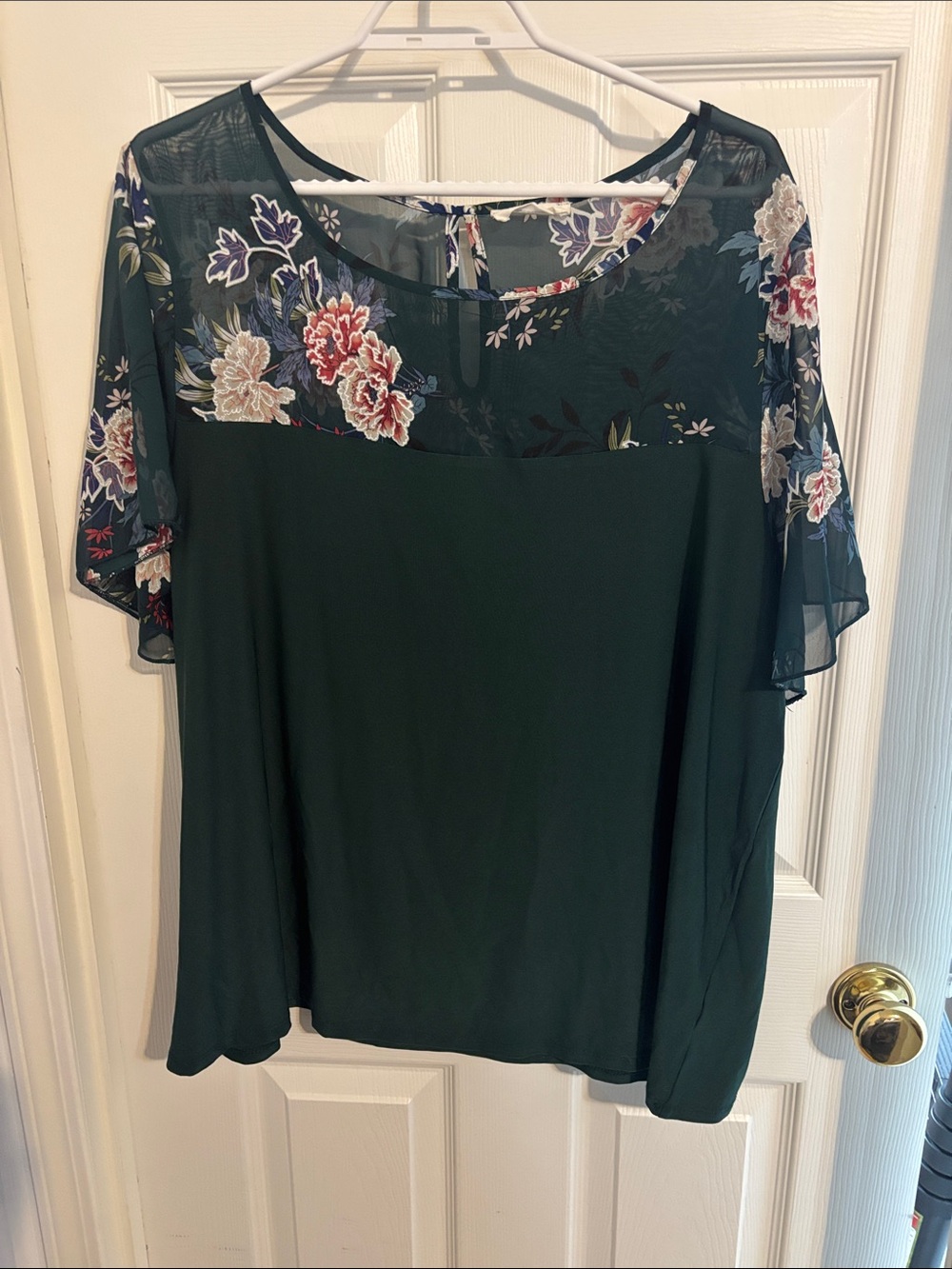 Sheer Yoke Floral Flutter Sleeve Top - Dark Green